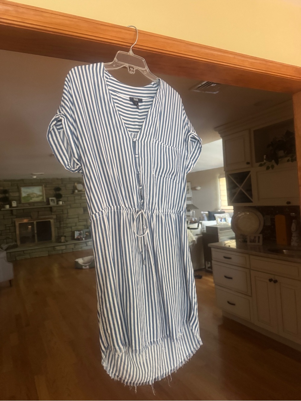 PAIGE Blue and White Striped Midi Shirt Dress